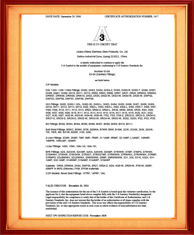 3A Pipe fitting certificate